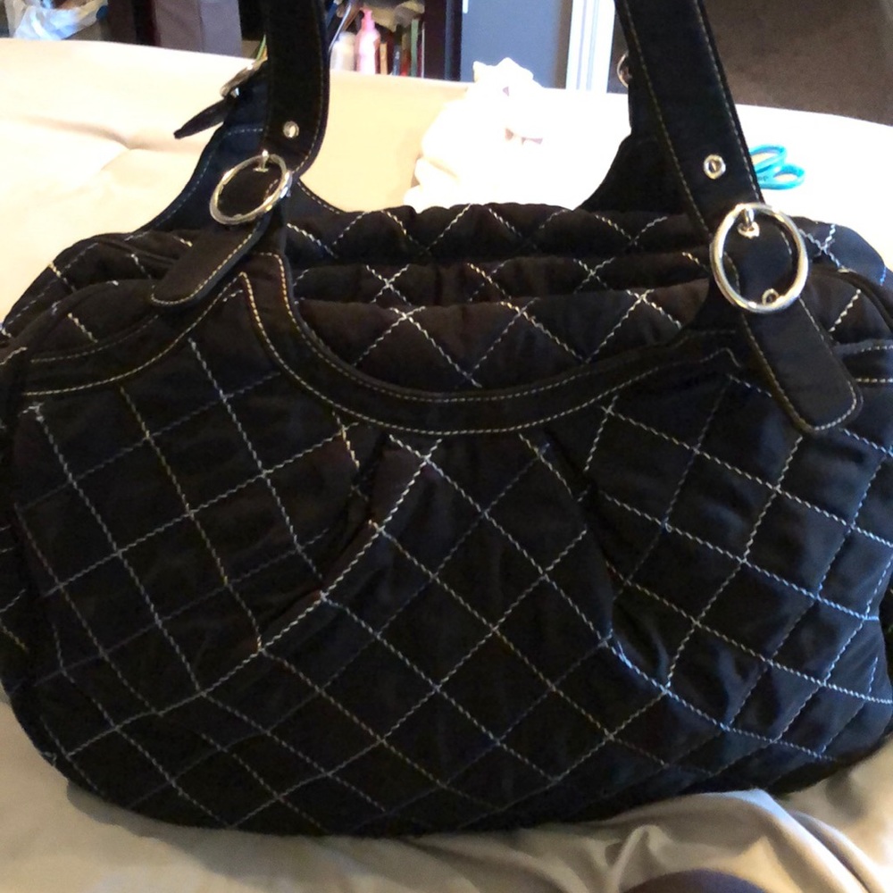 VERA BRADLEY DIAPER BAG, black with baby blue trim